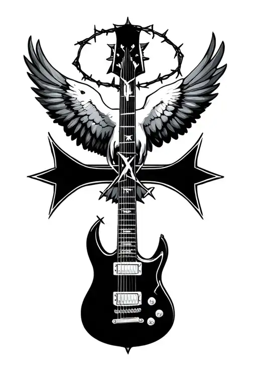 swallows , iron cross electric guitar , barbed wire , metallica logo tattoo design idea