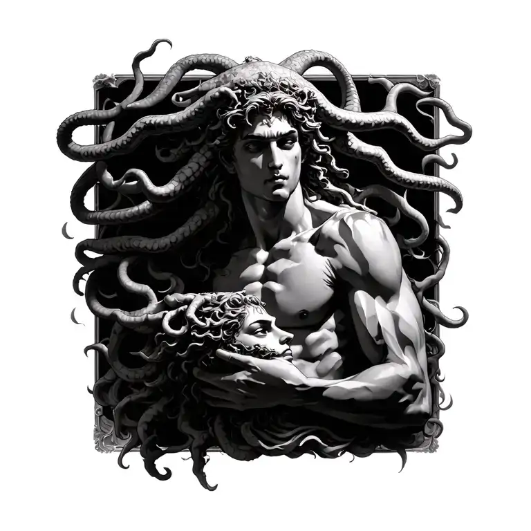 Perseus full body holding the head of Medusa tattoo design idea