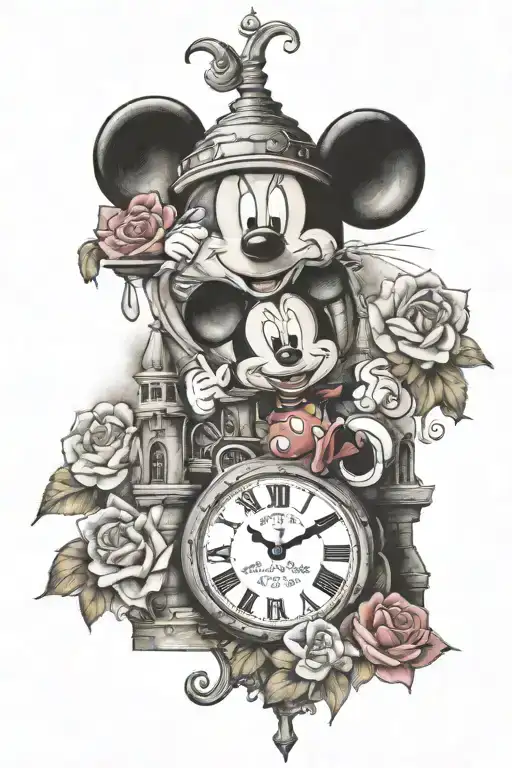 Disney mini mouse a clock a castle and Abby signature tattoo design idea