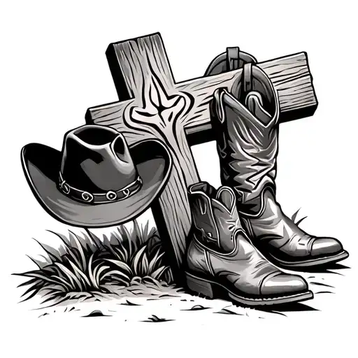 wooden cross with a cowboy hat on left arm of cross and cowboy boots on right side of cross on ground tattoo design idea