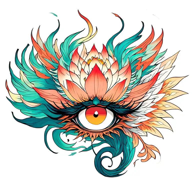 phoenix, lotus flower dragon, women's eyes. tattoo design idea