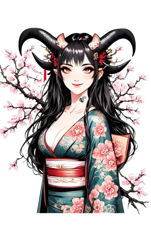 demon girl with long hair, horns and a wicked smile in an erotic pose in a kimono, cherry blossoms tattoo design idea