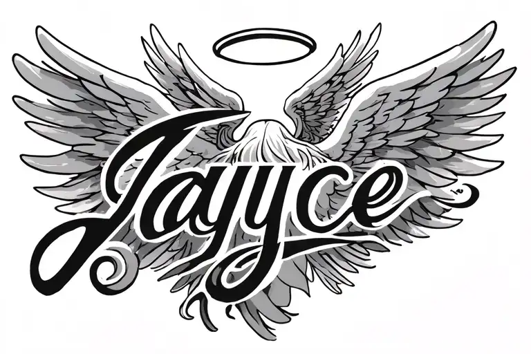 The name “Jayce” is transformed into a calligram to form an angel with a halo and wings, in a minimalist style. tattoo design idea