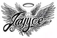 The name “Jayce” is transformed into a calligram to form an angel with a halo and wings, in a minimalist style. tattoo design idea