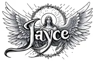 The name “Jayce” is transformed into a calligram to form an angel with a halo and wings, in a minimalist style. tattoo design idea