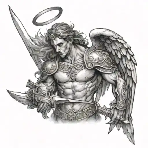 Angel Warrior holding severed head tattoo design idea