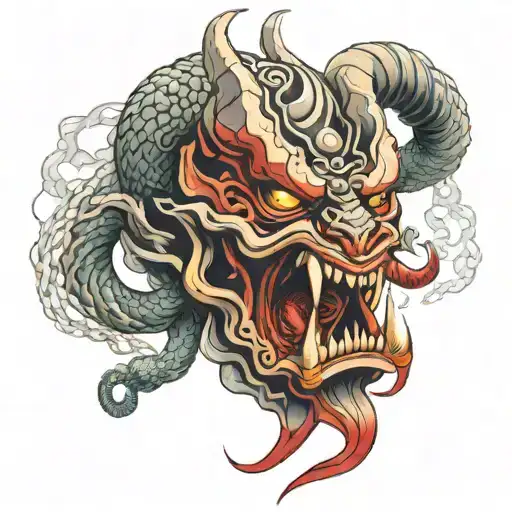 Japanese style Oni demon mask with snake coiled snake intertwined and red thread like lines floating about it make it hd tattoo design idea
