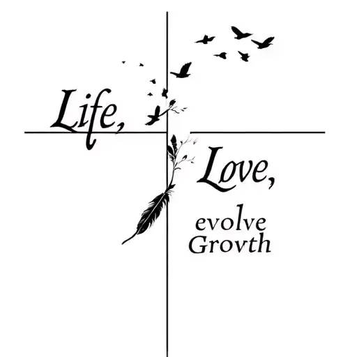 "Life, Love, Evolve, Growth " large white cross with small black feather and birds flying from feather. tattoo design idea