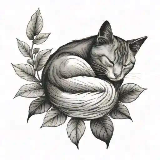 long hair cat sleeping next to house plants tattoo design idea