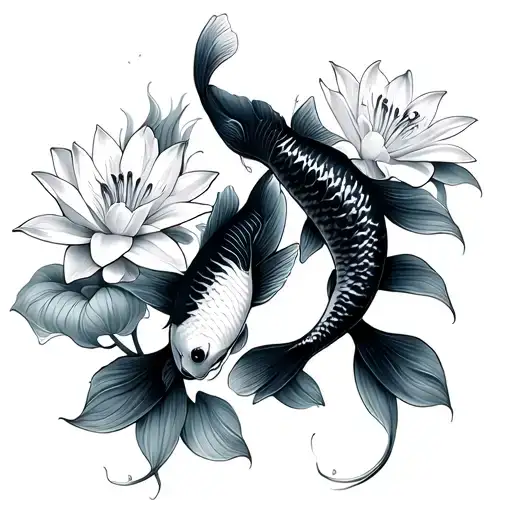 2 koi fish with lily flower growing tattoo design idea