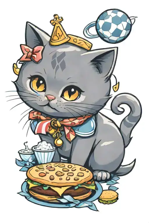 Cute British shorthair blue cat, McDonald's hamburger, diamond, sun tattoo design idea