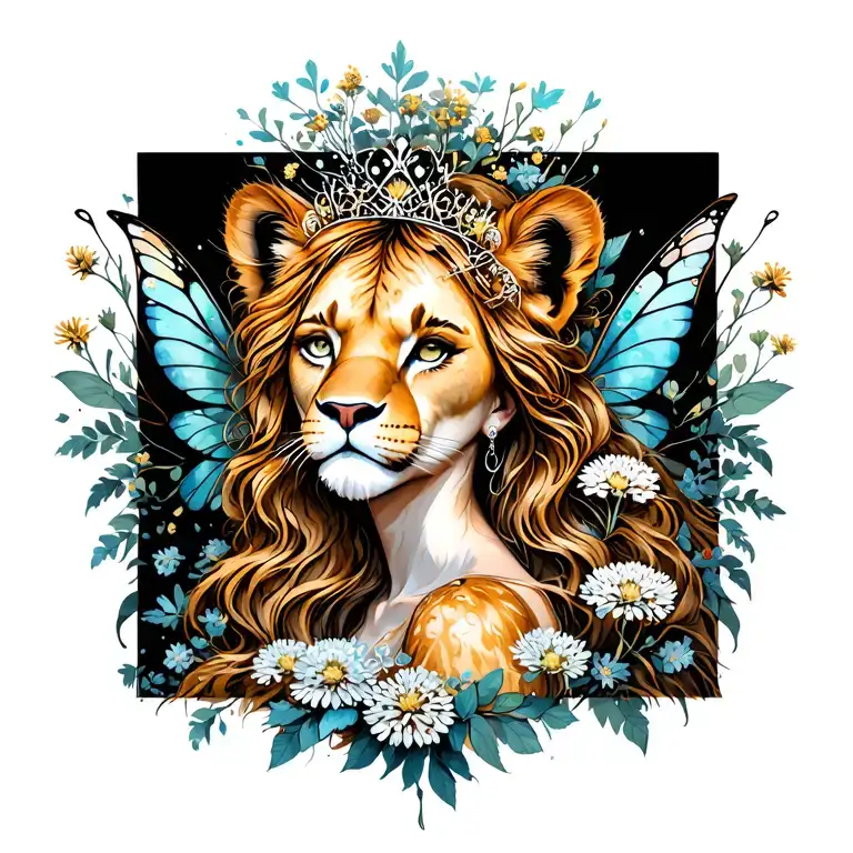 sexy fairy girl dressed as a lioness queen Anne's lace tattoo design idea