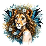 sexy fairy girl dressed as a lioness queen Anne's lace tattoo design idea