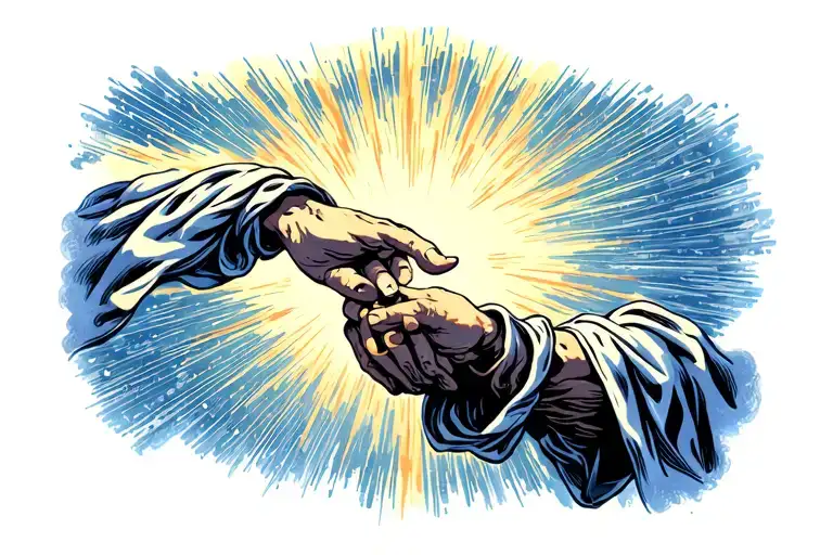 The arm of Jesus, strong and serene, emerging from above and firmly holding the hand of Peter, being pulled out tattoo design idea