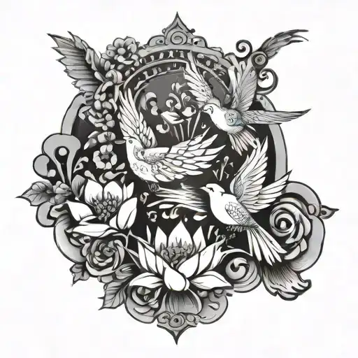 Birds flying with some quoets in sanskrit shlok name hidden in flower tattoo design idea