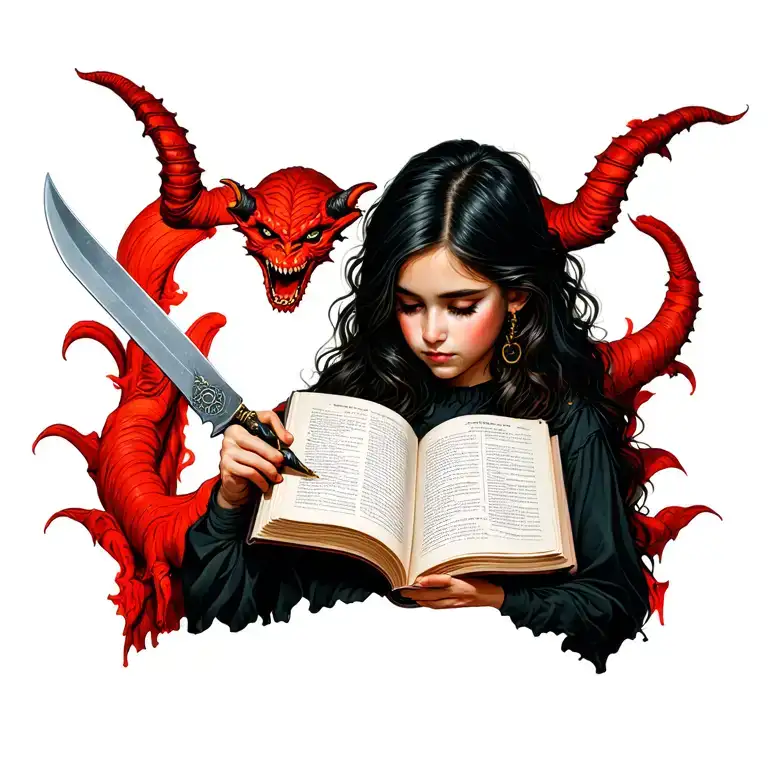 girl reading book with demon holding knife to her  tattoo design idea