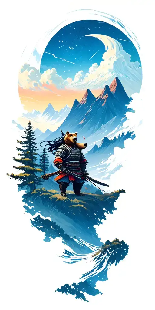 mountains, nature, anime, space. very surreal, instead of an anime girl there can be some samurai bear tattoo design idea