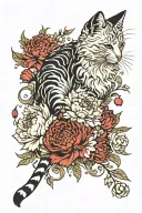 white carnation and chrysanthemum red flower, flowing with a cat beautiful. tattoo design idea