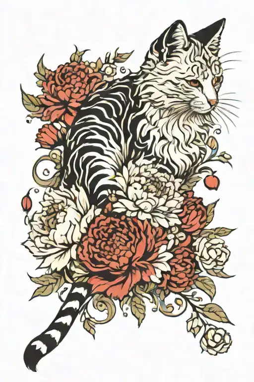white carnation and chrysanthemum red flower, flowing with a cat beautiful. tattoo design idea