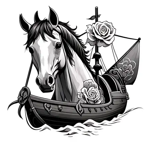 Black and white viking ship with roan painted horse, roses and line work tattoo design idea