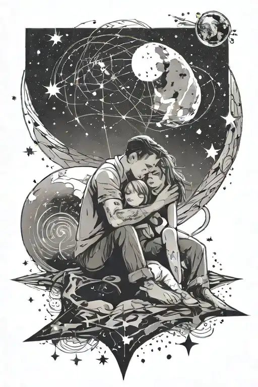 A whimsical scene of a father and daughter stargazing together, with constellations forming their bond tattoo design idea
