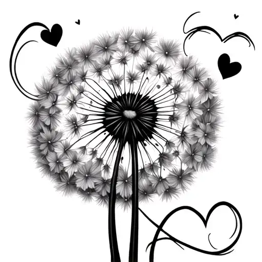 infinity symbol with dandelion and 2 small hearts tattoo design idea