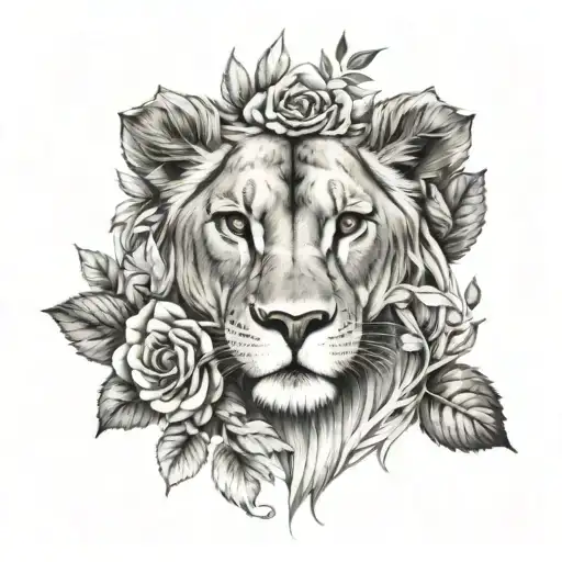 realistic lioness surrounded by large roses and leaves, wearing jewelry, looking forward tattoo design idea