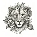 realistic lioness surrounded by large roses and leaves, wearing jewelry, looking forward tattoo design idea