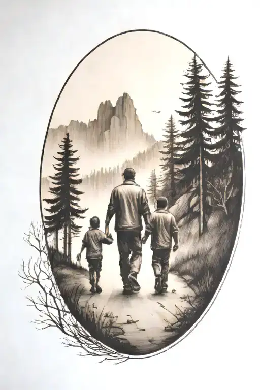 father in the middle holding hands with two small kids walking down the road with forest and cliffs in background tattoo design idea