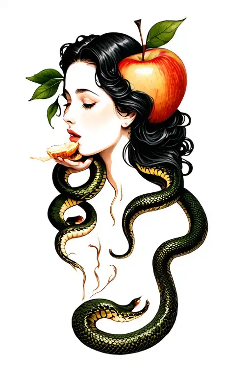eve eating the apple and snake coiled tattoo design idea