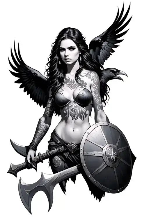 Shield Maiden, big cleavage, long hair, battle axe, 2 ravens tattoo design idea