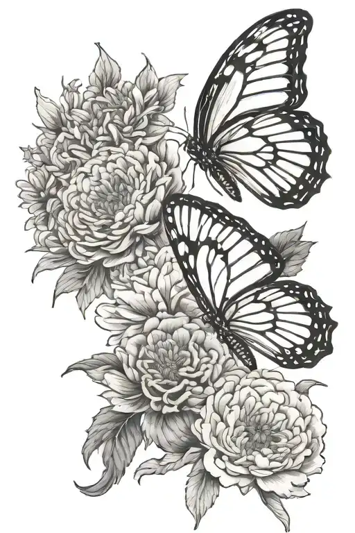 cardinal butterfly carnations daisies and chrysanthemum tattoo design idea