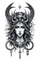 tripple face goddess Hecate key 3 moons tattoo design idea
