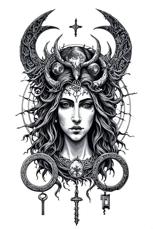 tripple face goddess Hecate key 3 moons tattoo design idea