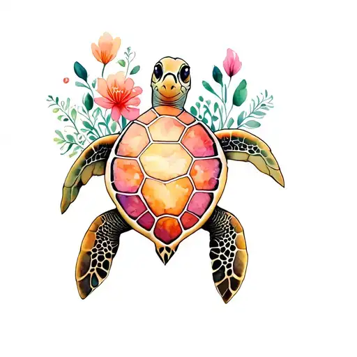 sea turtle with watercolor underneath with flowers tattoo design idea