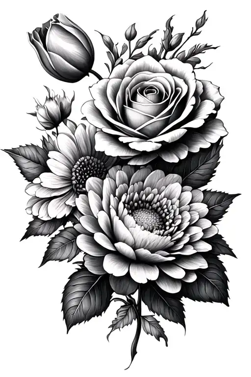 chrysanthemum, rose, tulip, peony, wild flower fine line black grey tattoo tattoo design idea