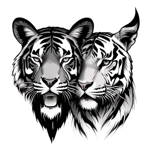 two tigers and a goat head tattoo design idea