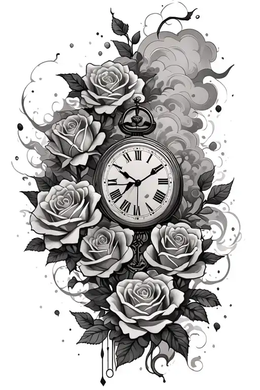 roses, sand clock and akatsuki clouds forming the shape tattoo design idea