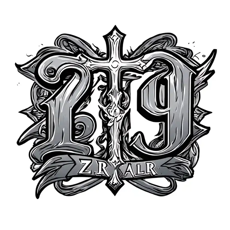 The number 19 with ZJR and ALR incorporated with a cross  tattoo design idea