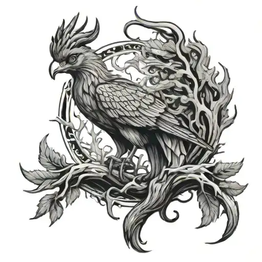 Phoenix rising from a fallen tree with a seminal colon incorporated into the image tattoo design idea