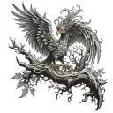 Phoenix rising from a fallen tree with a seminal colon incorporated into the image tattoo design idea