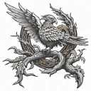 Phoenix rising from a fallen tree with a seminal colon incorporated into the image tattoo design idea