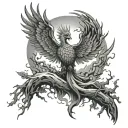 Phoenix rising from a fallen tree with a seminal colon incorporated into the image tattoo design idea