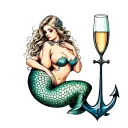 Curvy mermaid sitting seducingly in anchor like ditta von tease in a Champagne glass tattoo design idea