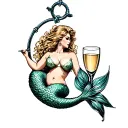 Curvy mermaid sitting seducingly in anchor like ditta von tease in a Champagne glass tattoo design idea