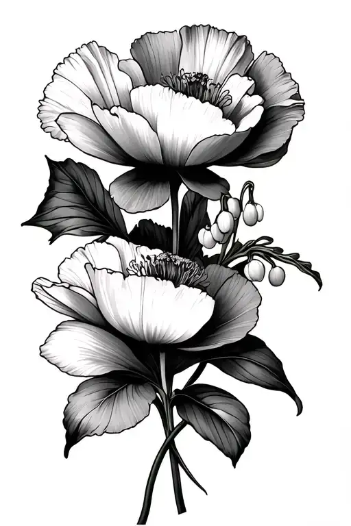 poppy, hyssop, lily of the valley intertwined with eachother tattoo design idea