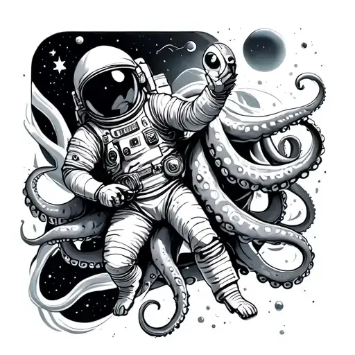 astronaut fighting octopus in space tattoo design idea