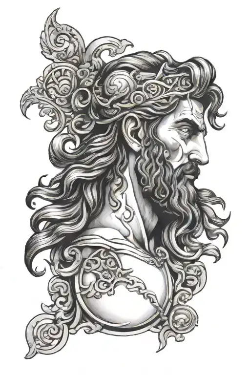 right arm cuff with a Greek god head poseidon, Capricorn and Taurus constellation and related to music tattoo design idea