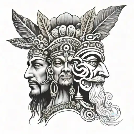 I want to create a single face depicting three aspects: the upper head representing an Indian god, the middle face repre tattoo design idea