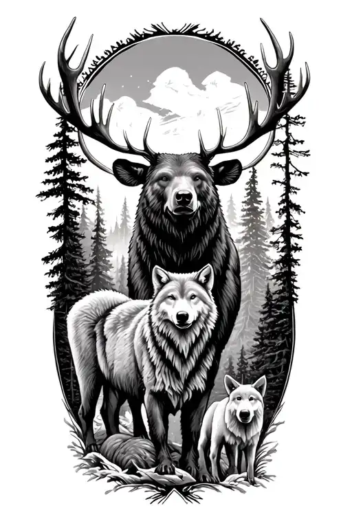 alaska forrest themed half sleeve with a bear, moose, wolf and caribou standing in the middle tattoo design idea